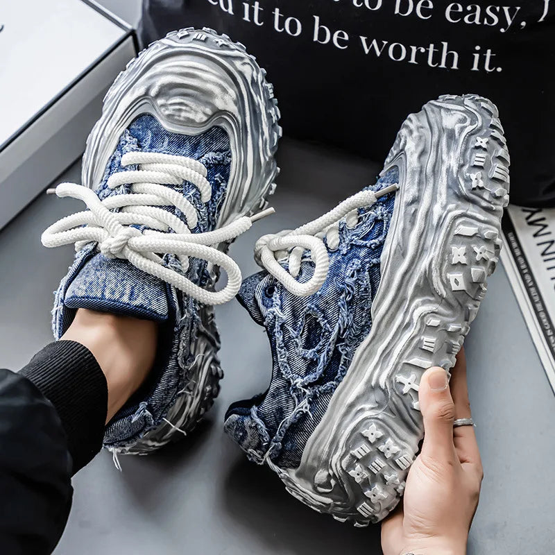 Geometric Distressed Denim Chunky Sneakers