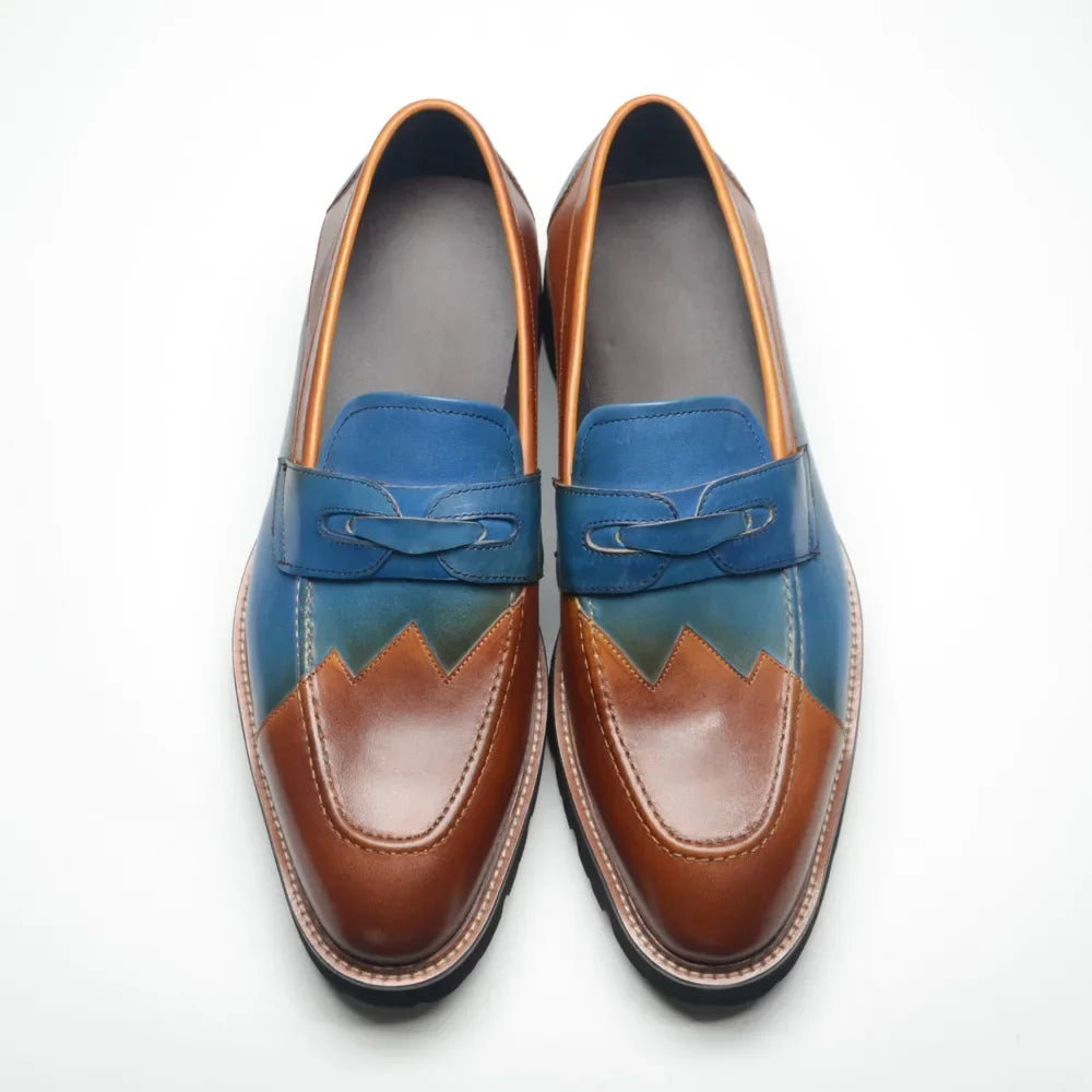 Blue Brown Genuine Leather Men's Loafers
