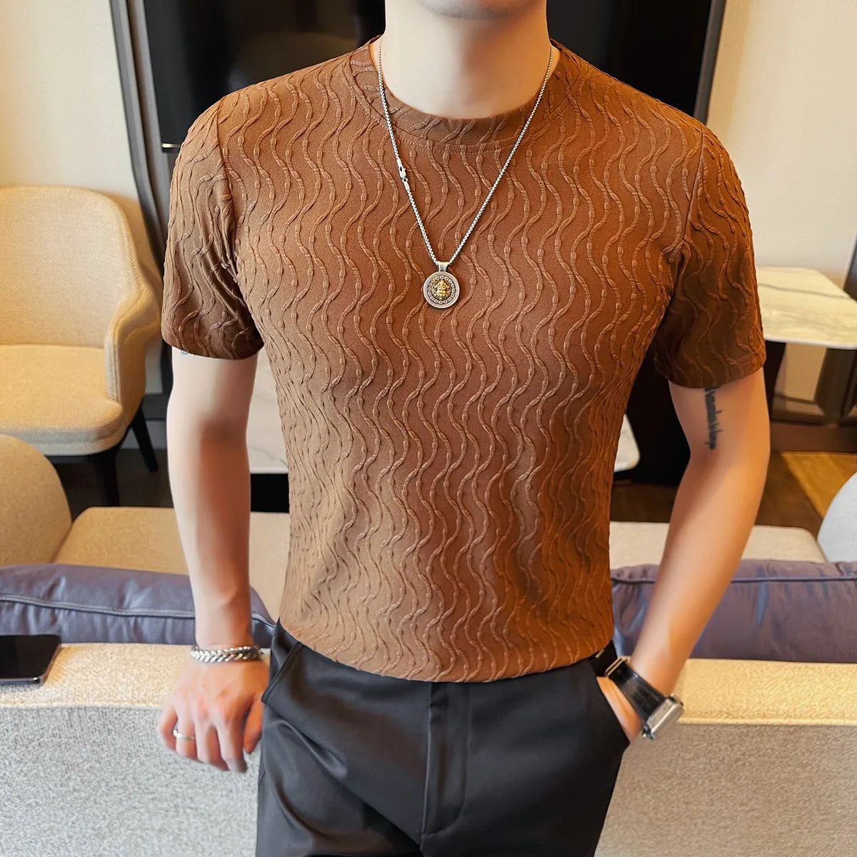 Slim-Fit Striped Ruffian Fashion T-Shirt