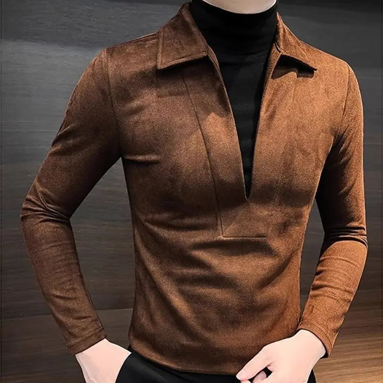 Solid V-neck Fake Two-piece Polo Shirt