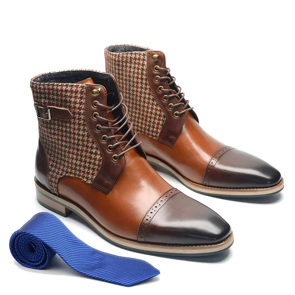 Houndstooth Genuine Leather Men's Ankle Boots