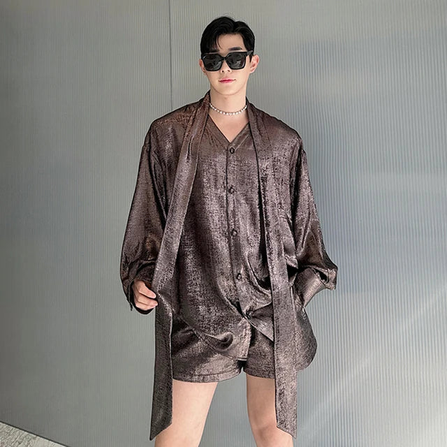 Shiny V-neck Streamer Shorts Set