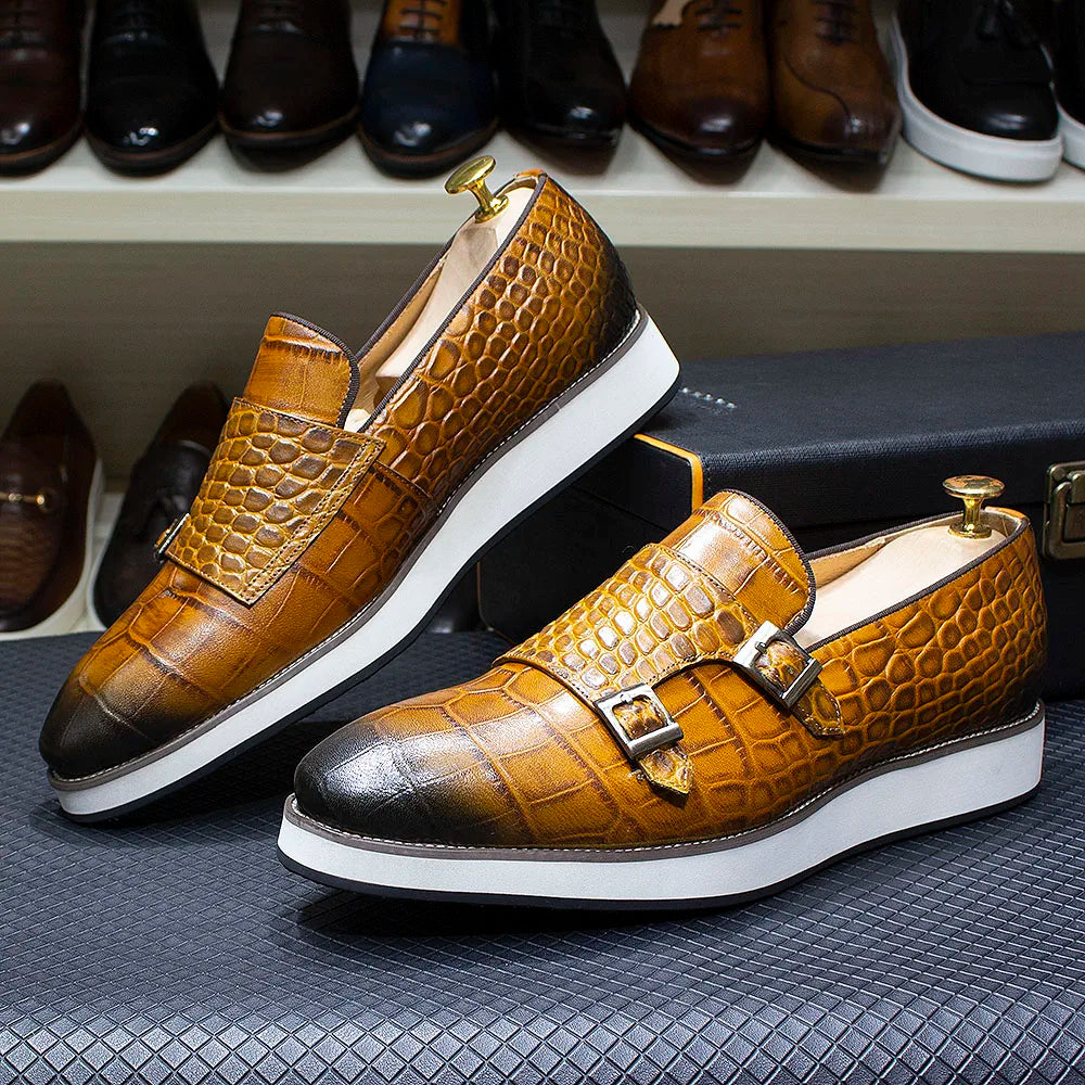 Crocodile Pattern Leather Double Monk Shoes