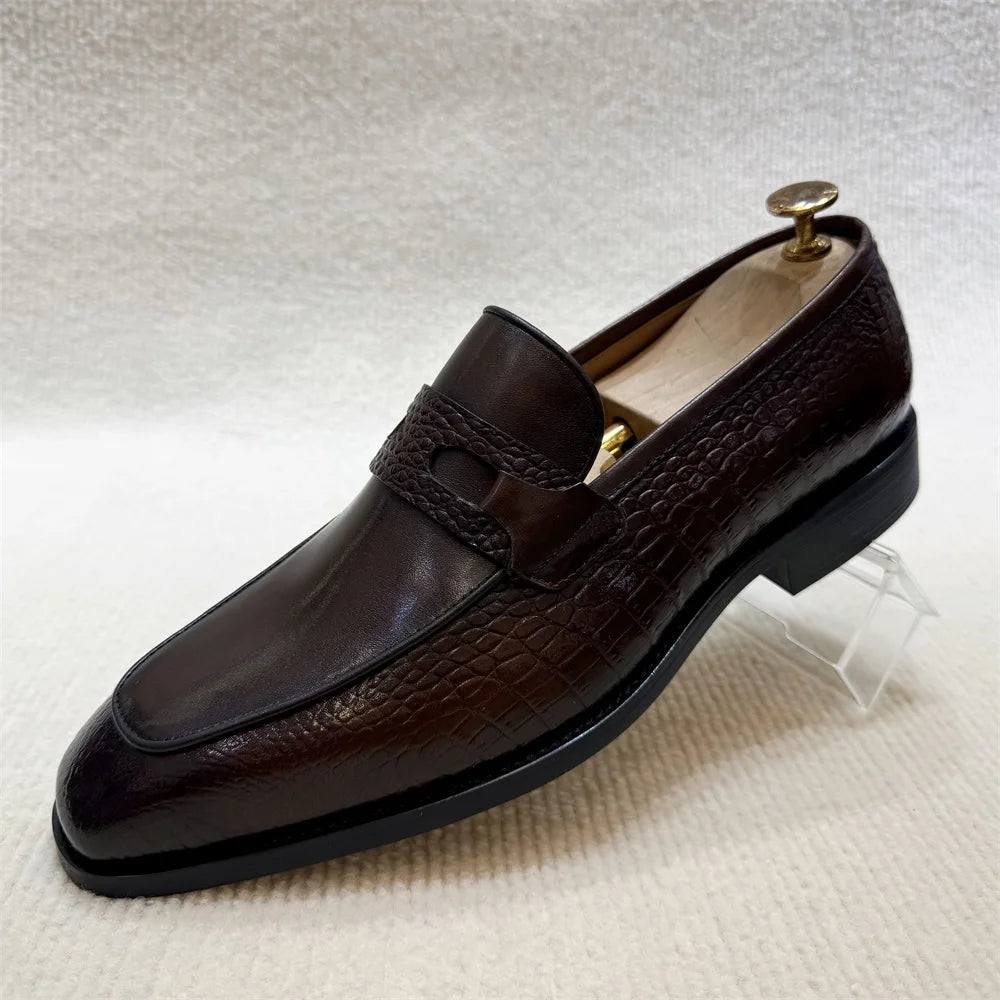 Solid Crocodile Print Genuine Leather Loafers