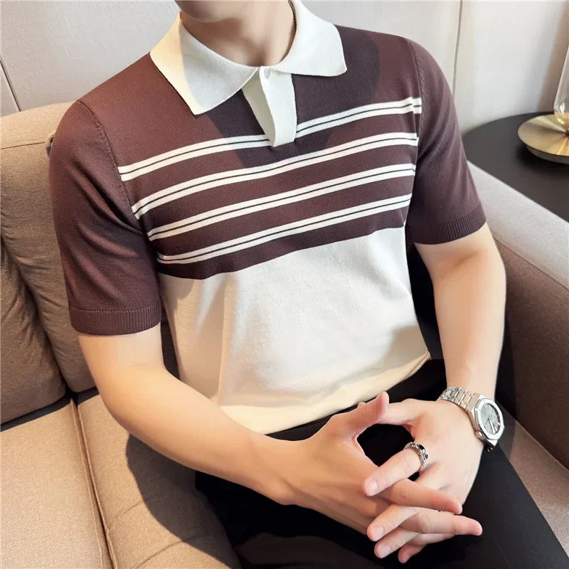 Spliced Knitted Striped Casual Polo Shirt