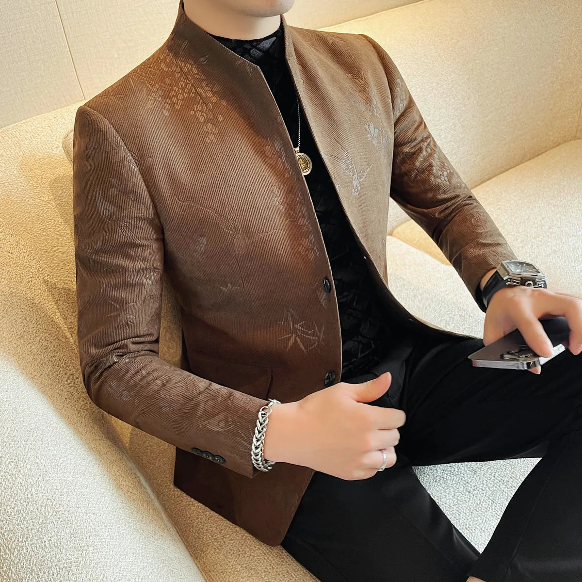 Chinese Style Stand Collar Printed Blazer