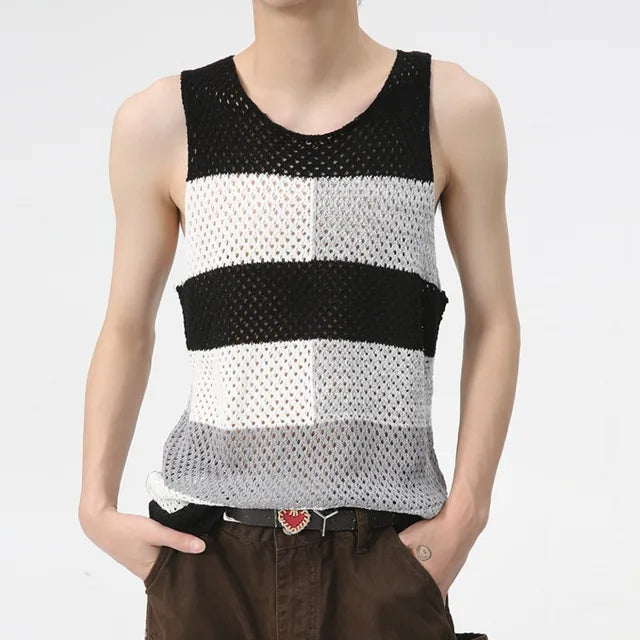 Color Block Knitted Hollow-Out Tank Top