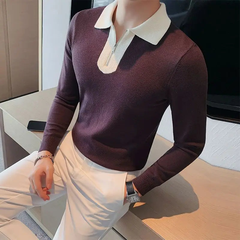Lapel Half Zipper Long Sleeve Polo Shirt