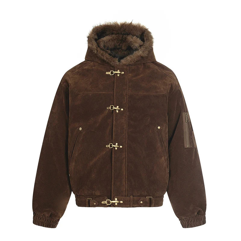 Metal Buckle Faux Fur Hooded Jacket