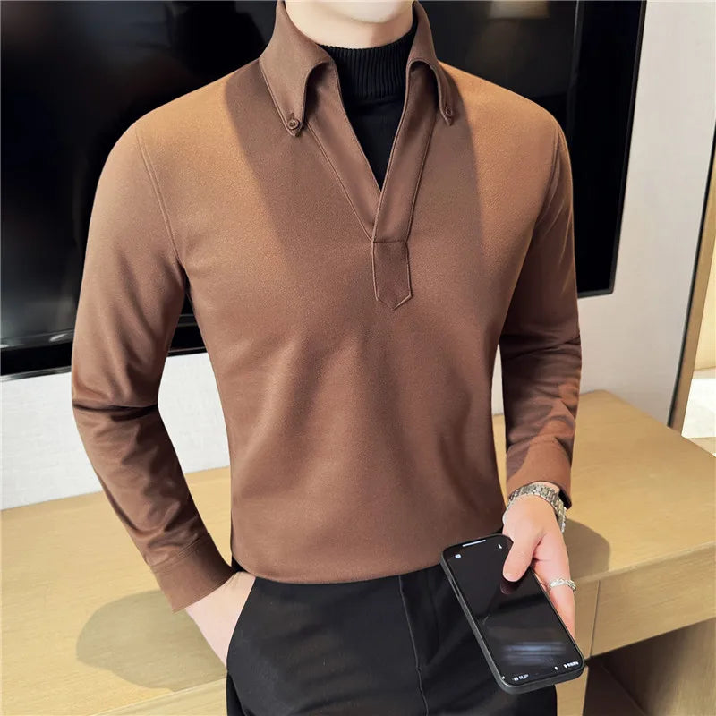 Solid Fake 2Pieces High Collar Polo Shirt