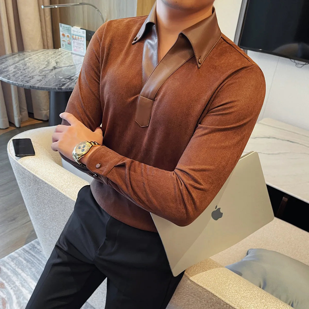Leather Collar Long-Sleeved Polo Shirt