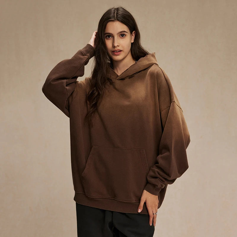 Gradient Color Little Ripped Loose Hoodie