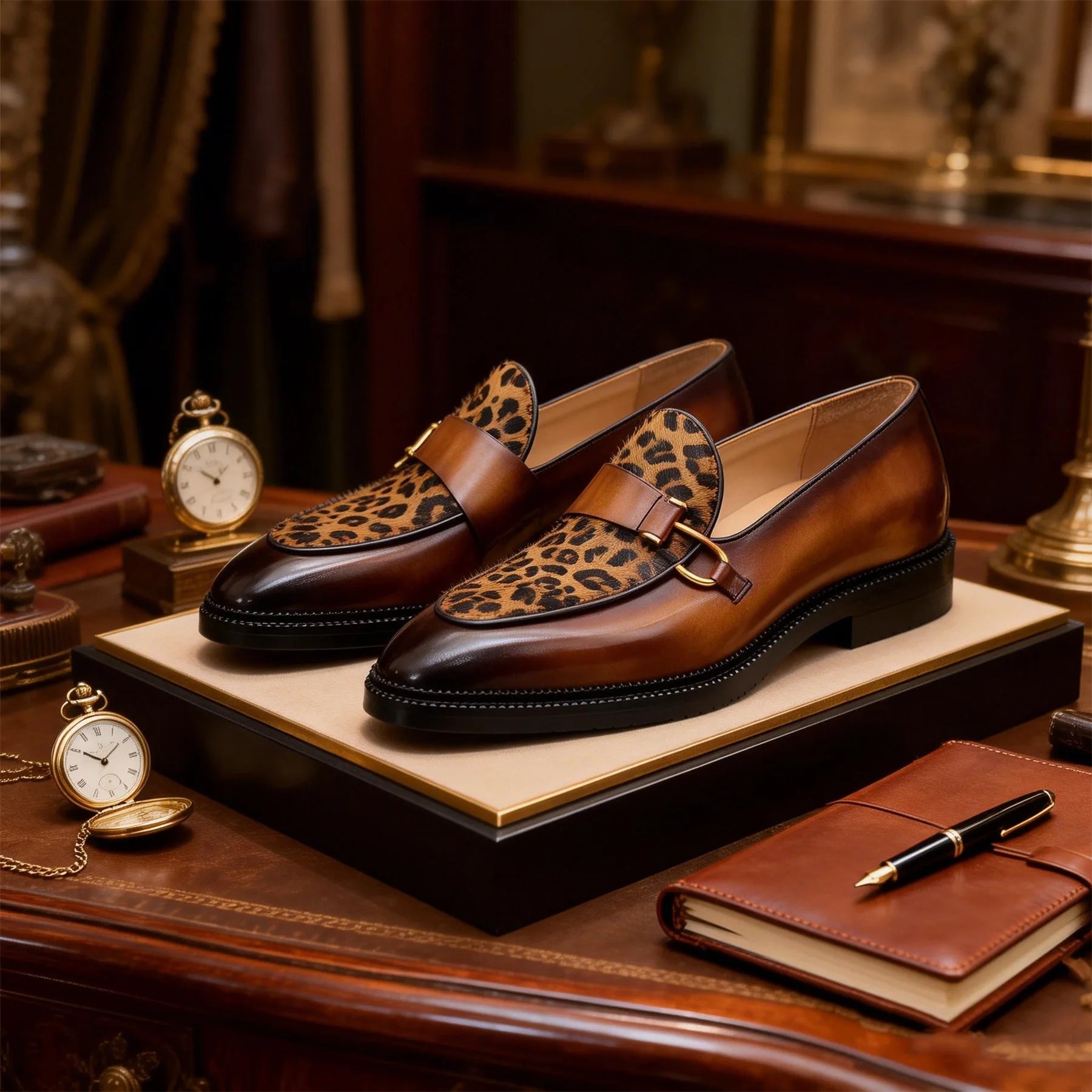 Metal Button Leopard Pattern Loafers