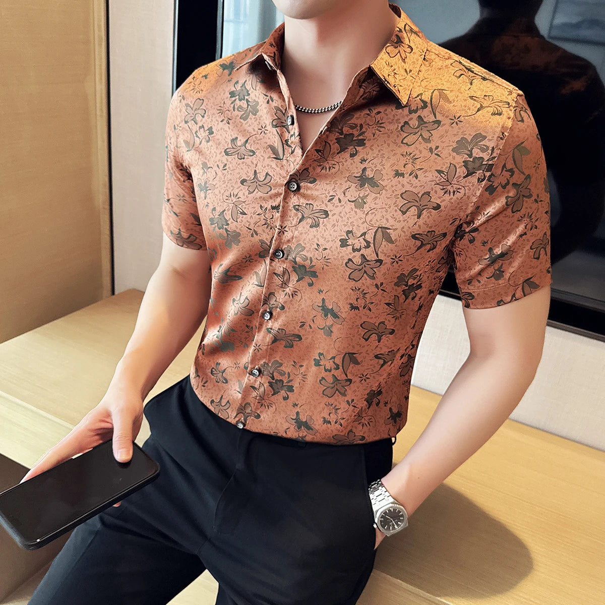 Fashion Floral Printed Slim-Fit Shirt