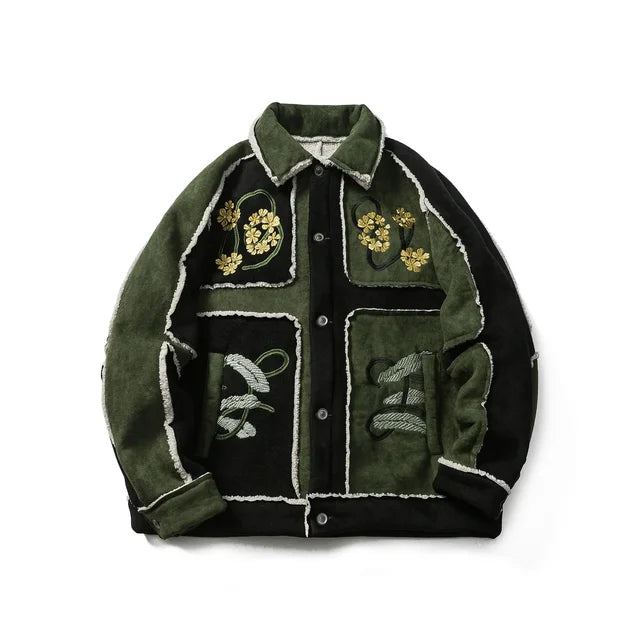 Floral Embroidered Patchwork Chunky Fleece Jacket