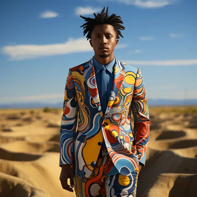 Color Block Lapel Digital Printed Suit