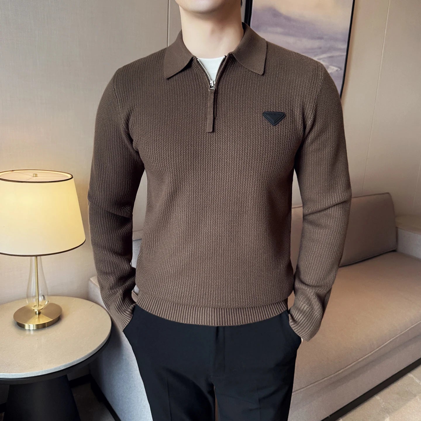 Half Zip Design Mock Neck Polo Shirt