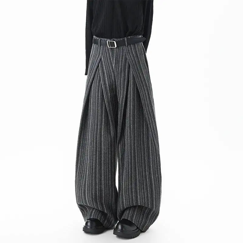 Striped Woolen Pleated Wide-Leg Trousers