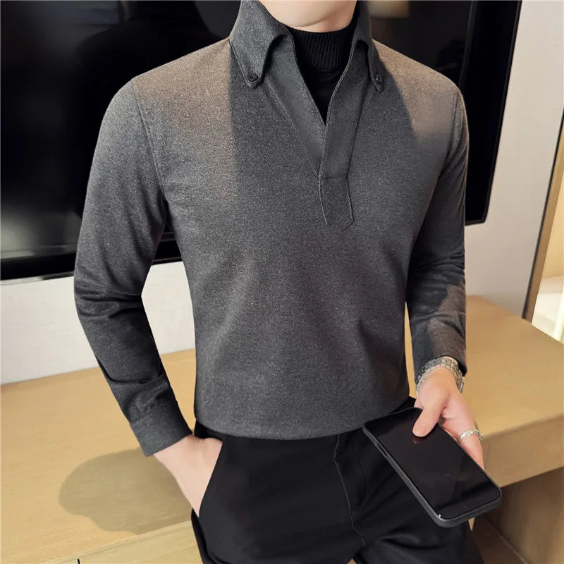 Solid Fake 2Pieces High Collar Polo Shirt