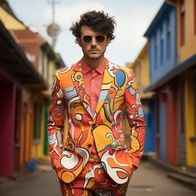 Color Block Lapel Digital Printed Suit