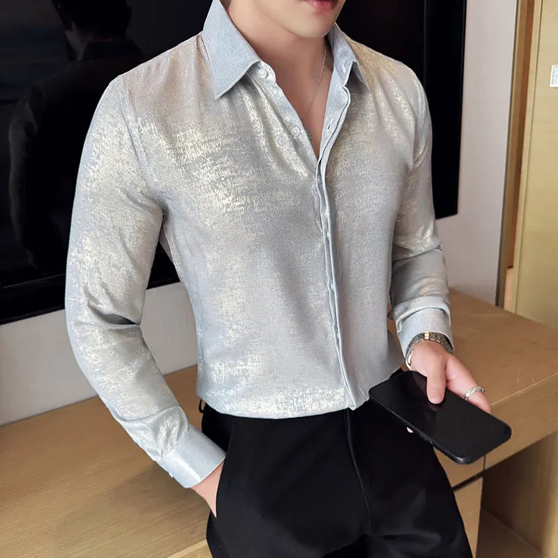 Glossy Plain Color Long Sleeve Men's Shirt