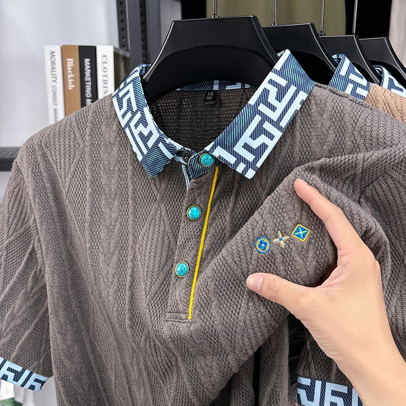 Geometric Collar Cable Knit Polo Shirt