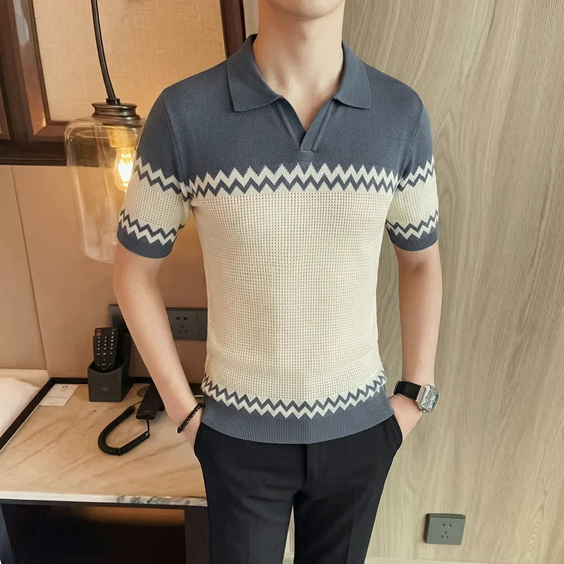 Zig-Zag Striped Knitted Polo Shirt