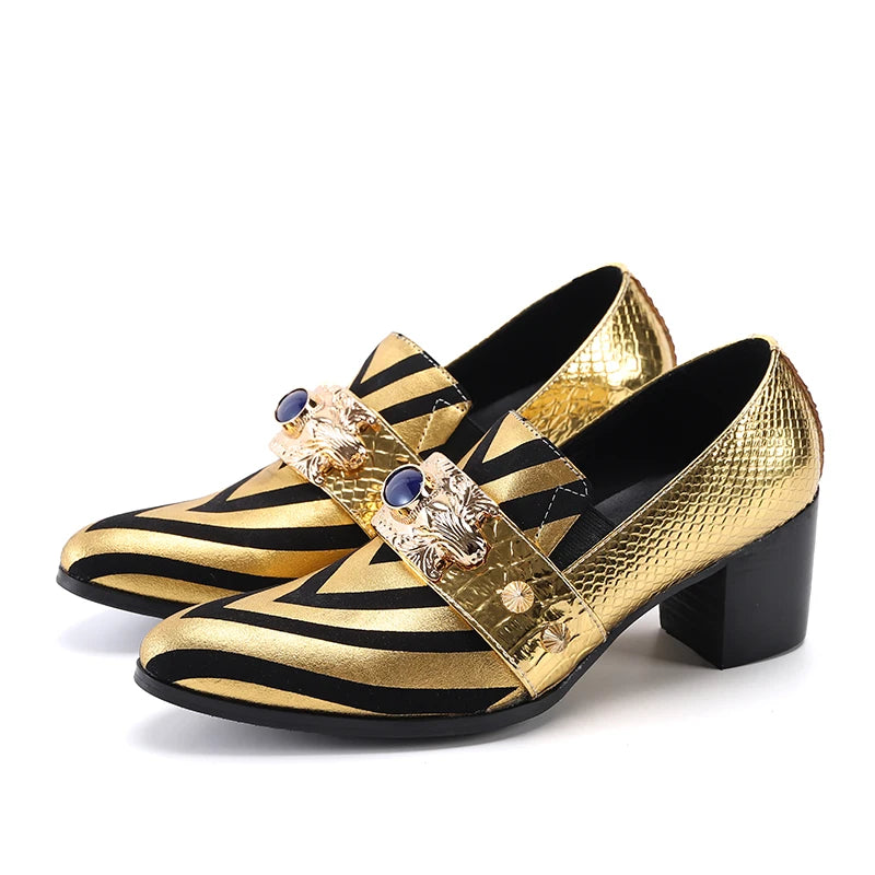 Luxurious Gold Leather with Rivets and Stripes Shoes
