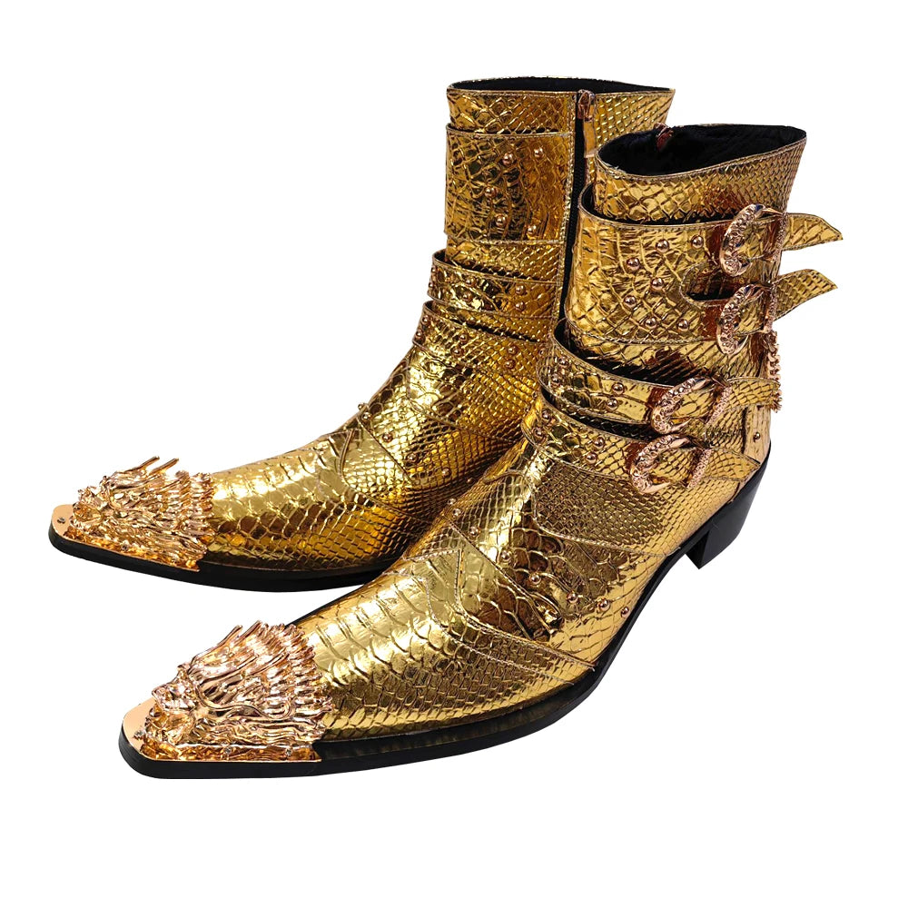 Golden Dragon-Toe Buckled Snakeskin Dress Boots