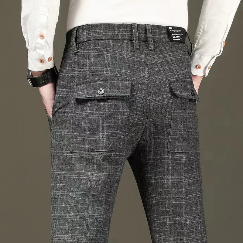 Black Grey Casual Plaid Straight Fit Trousers