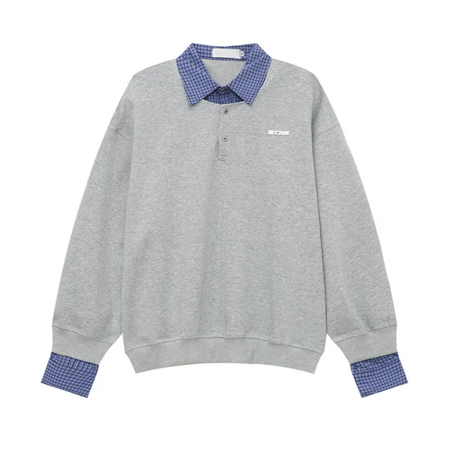 Plaid Patchwork Fake Two-piece Loose Sweatshirt