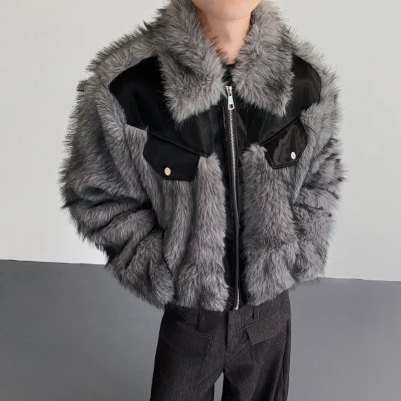 Grey Patchwork Design Faux Fur Jacket