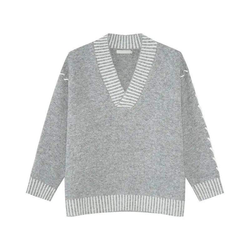 Casual Big V-neck Contrast Color Pullover