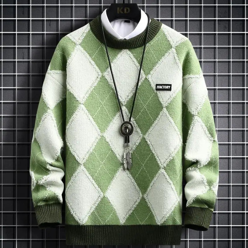 Diamond Plaid Contrast O-Neck Sweater