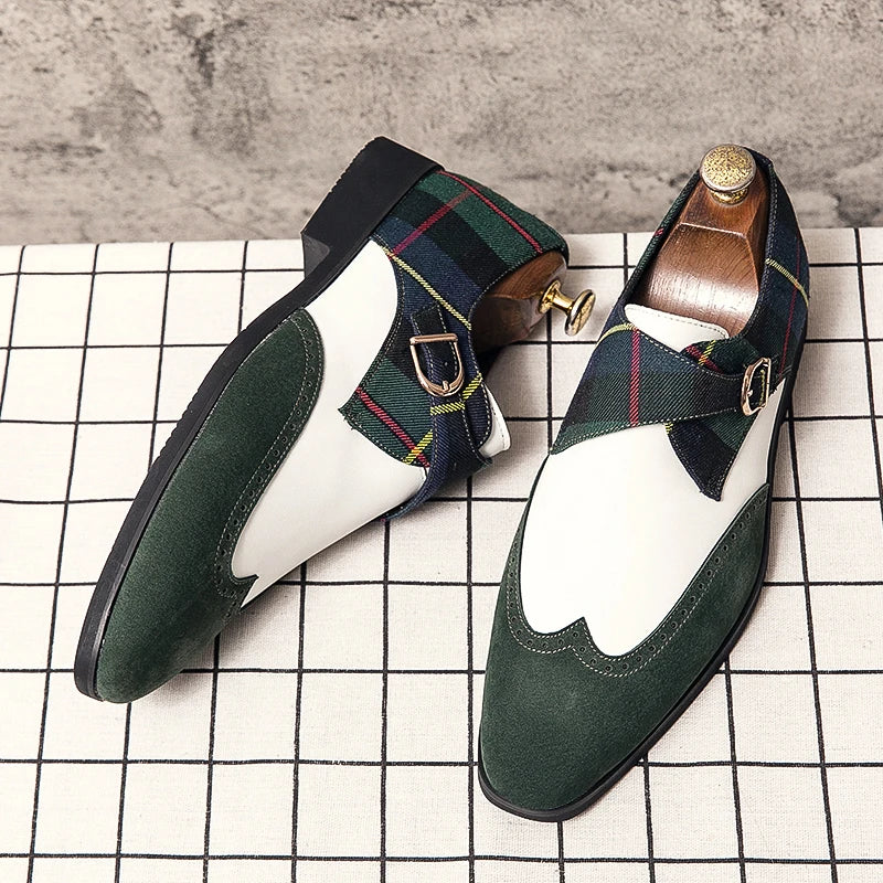 Plaid Suede Wingtip Monk Shoes