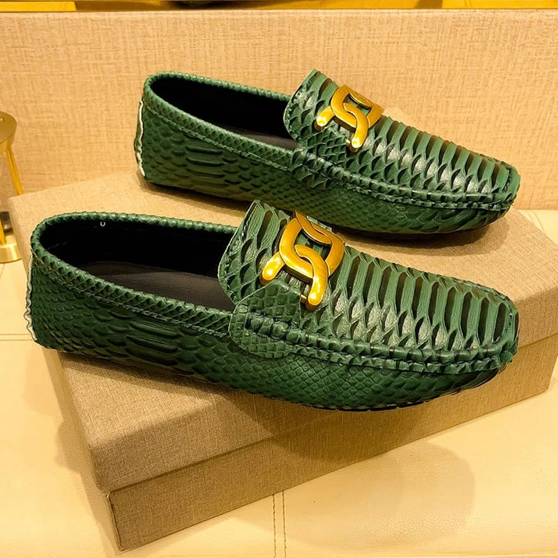 Croc-Skin Metal Appliques Flats Loafers