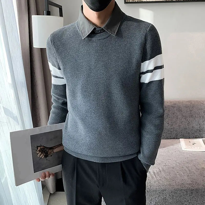 Fake Two Pieces Spliced Stripe Sweater