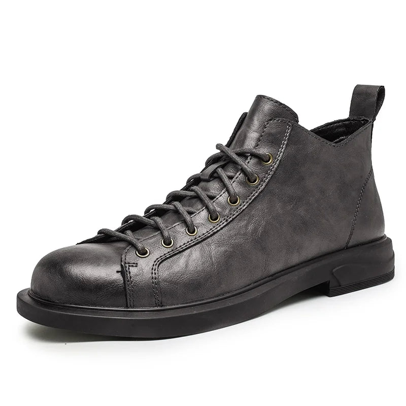 Retro Solid Color Leather High-Top Sneakers