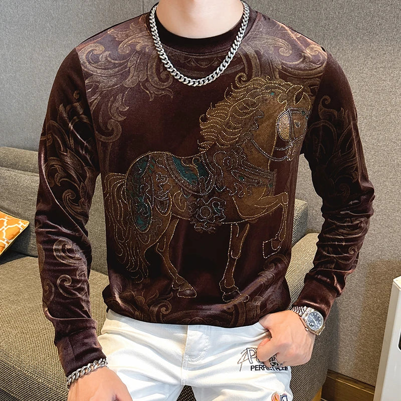 Horse Pattern Rhinestone Velvet Sweatshirts