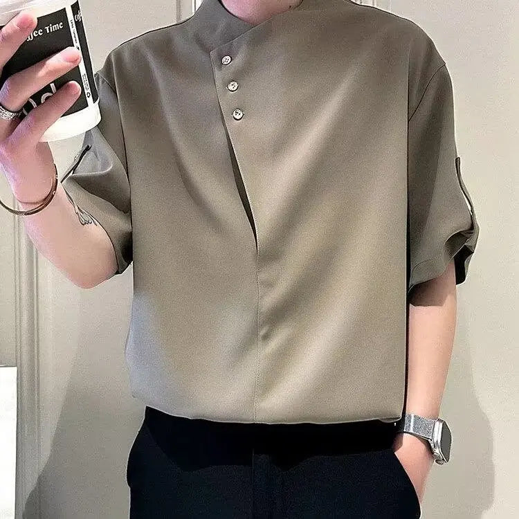 Solid Button Stand Collar Men's Shirt