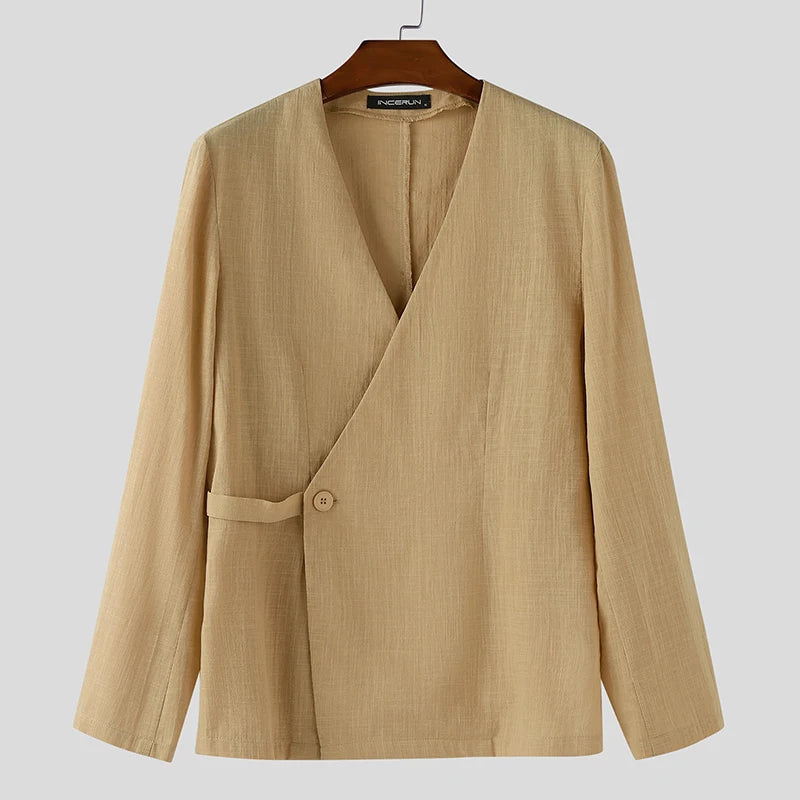 Solid Color V-Neck One-Button Shirt