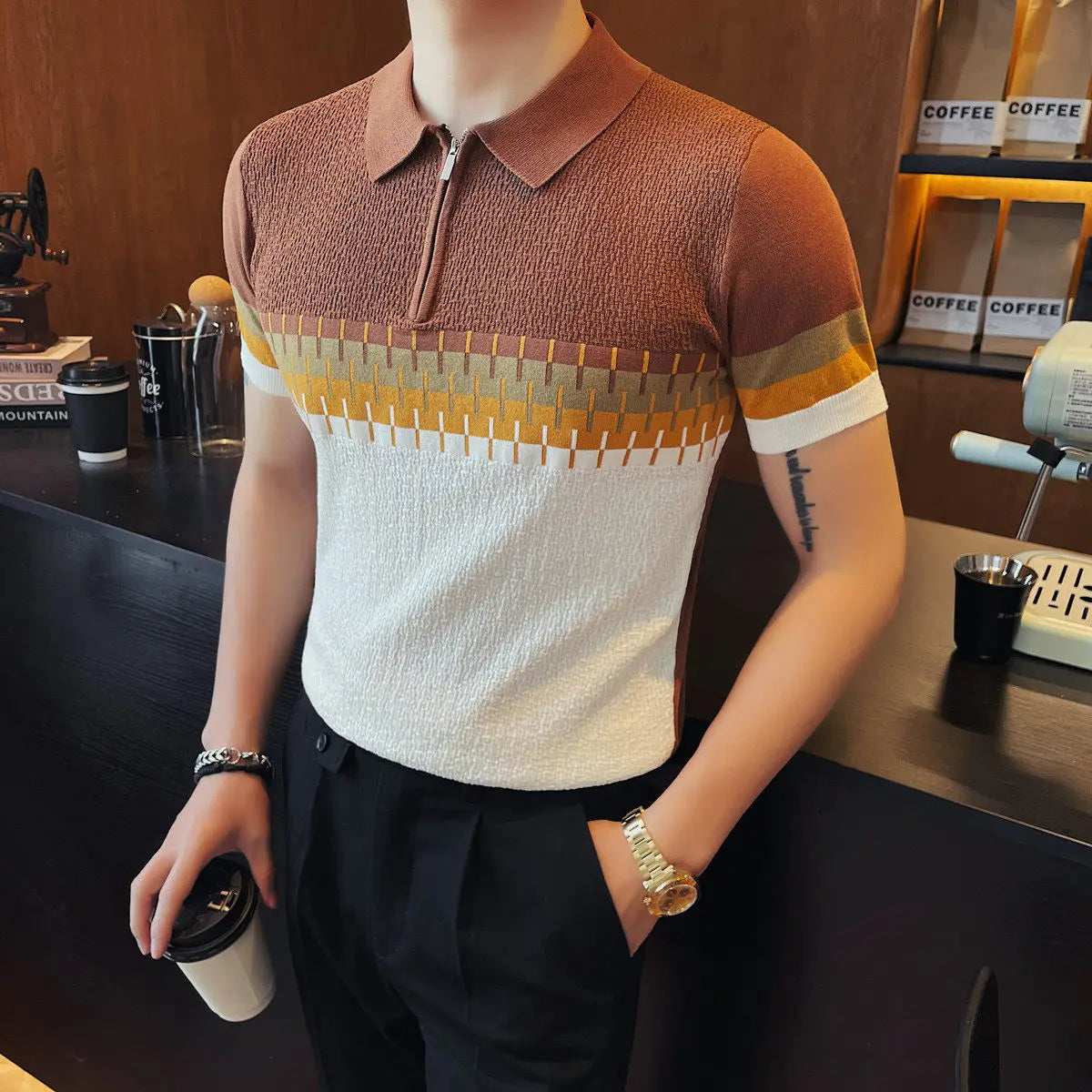 Architect Stripe Knit Zipper Polo Shirt
