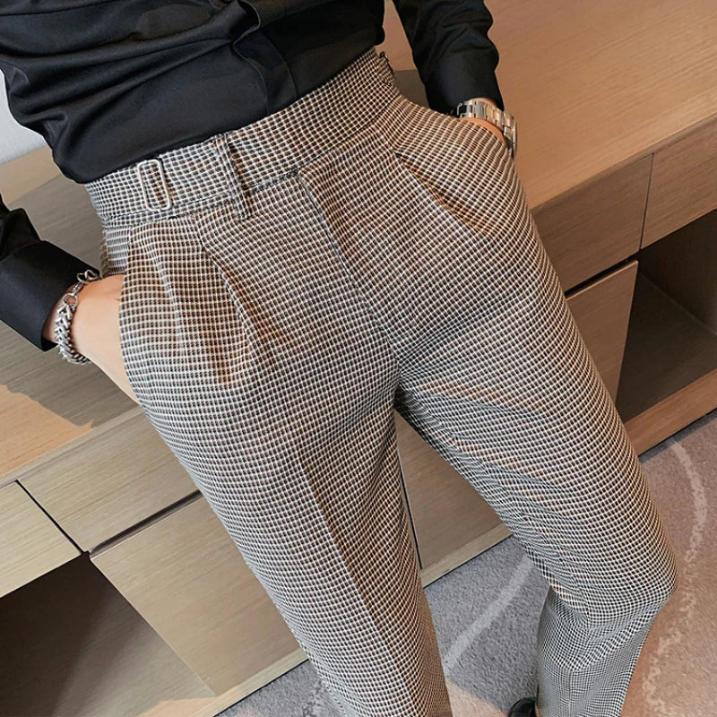 Houndstooth Flat-Front Casual Trousers