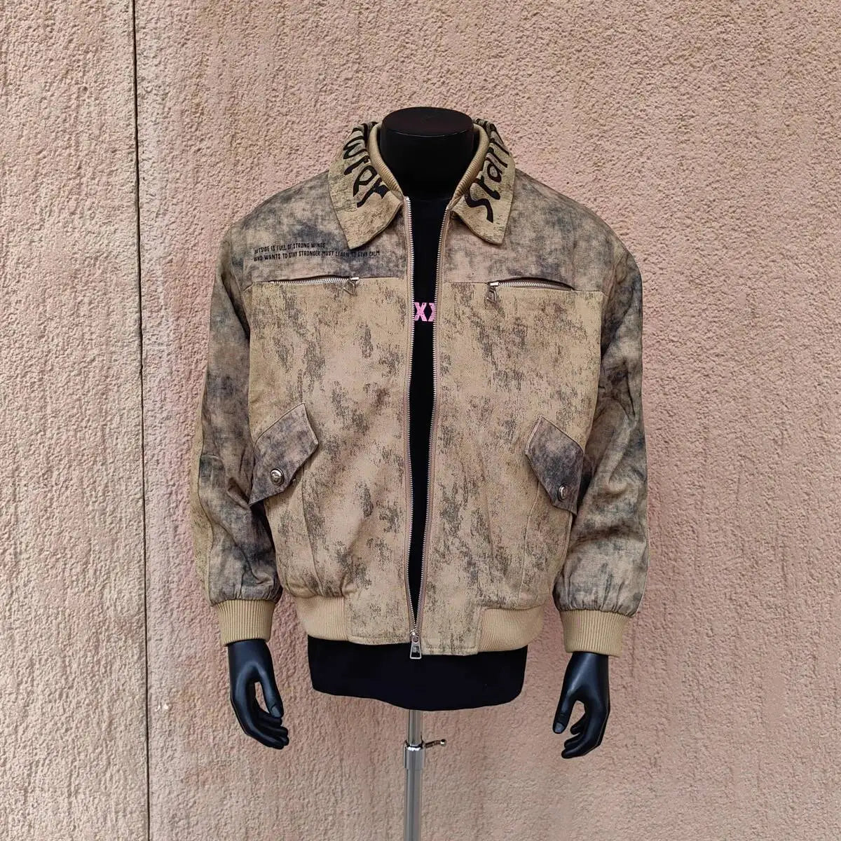 Distressed Graphic Collar Bomber Jacket