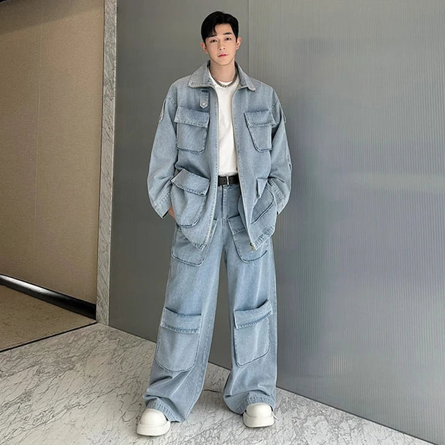 Denim Washed Multi-Pocket Pants.