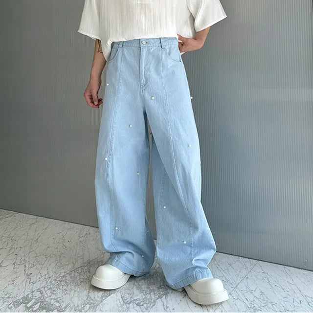 Beads Decoration Wide Leg Denim Jeans