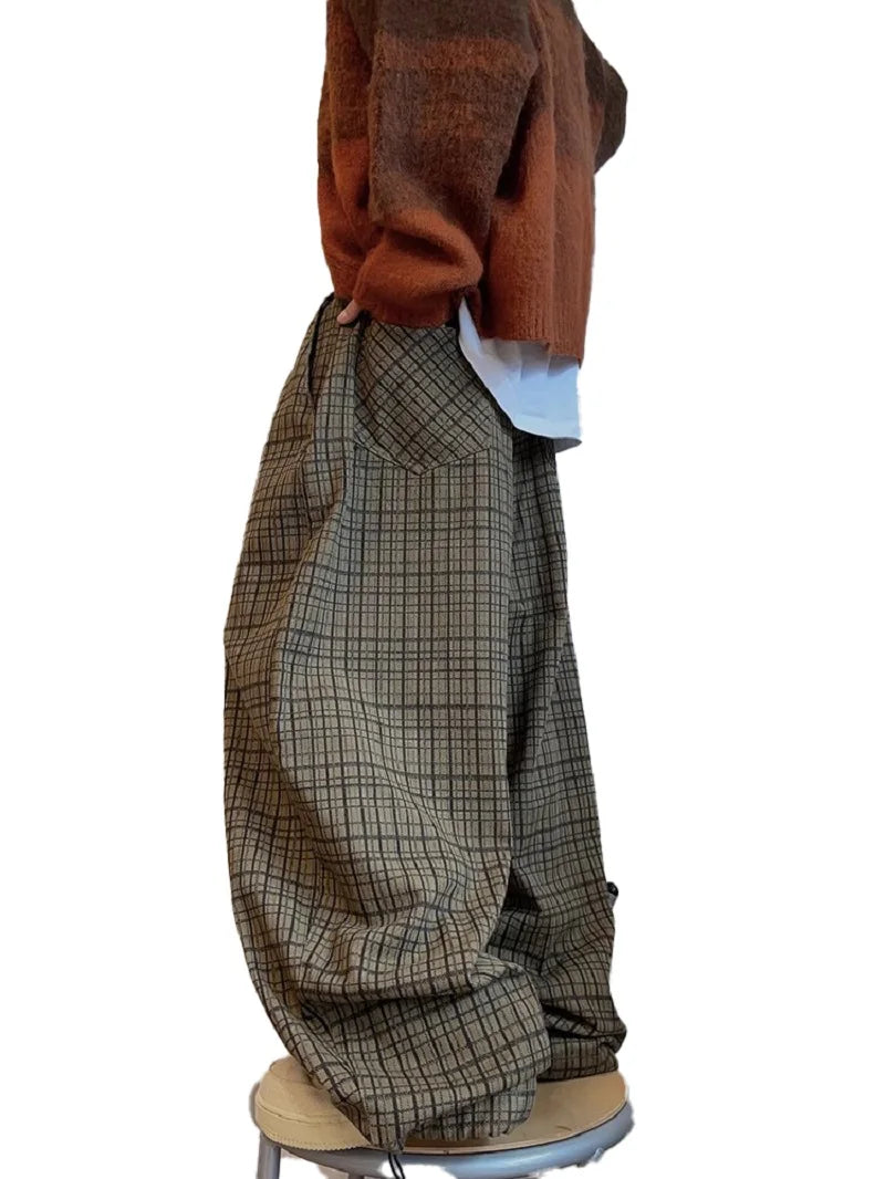 Oversized Plaid Flowy Baggy Wide Leg Pants