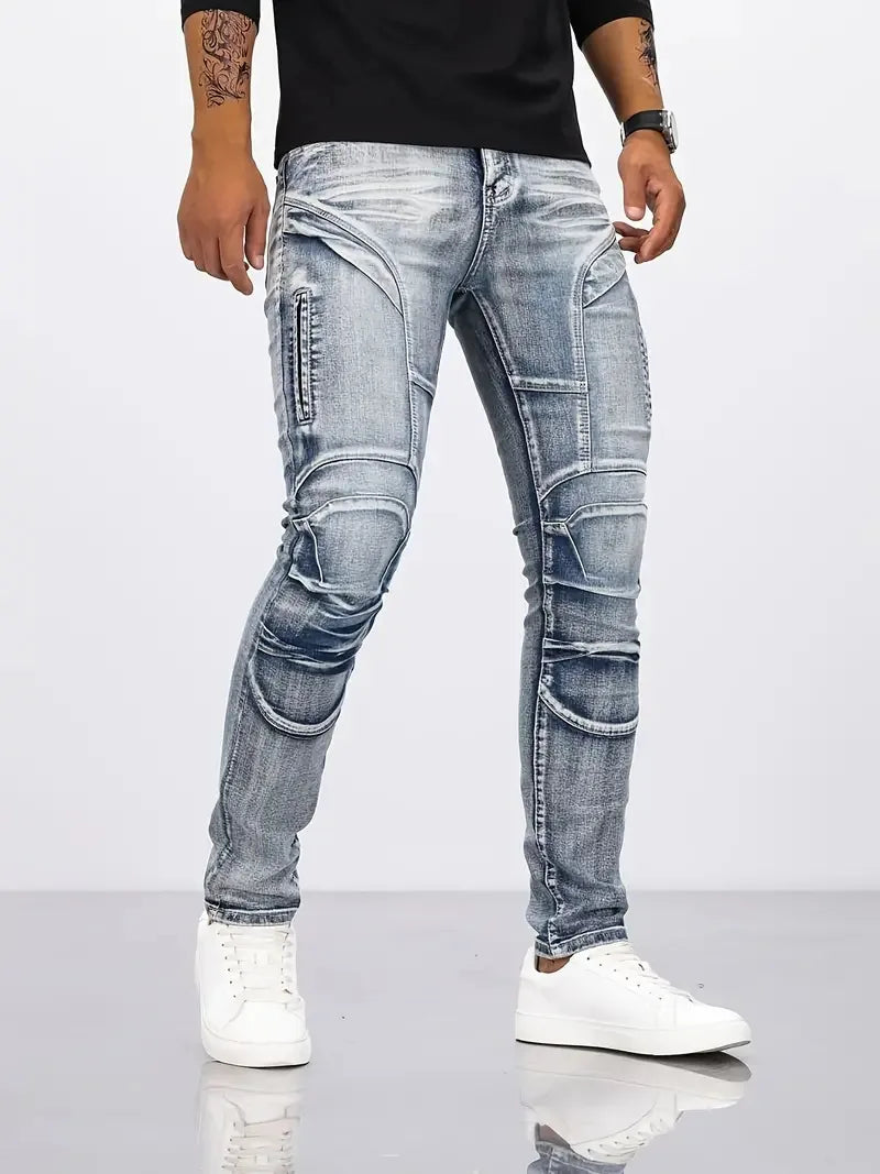 Two-Tone Distressed Slim Straight Jeans