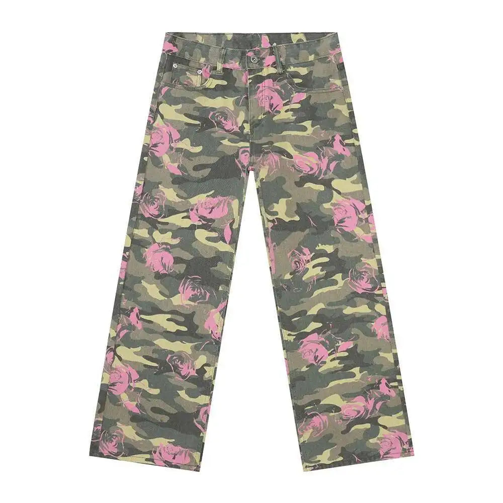 Pink Full Print Rose Camouflage Pattern Jeans