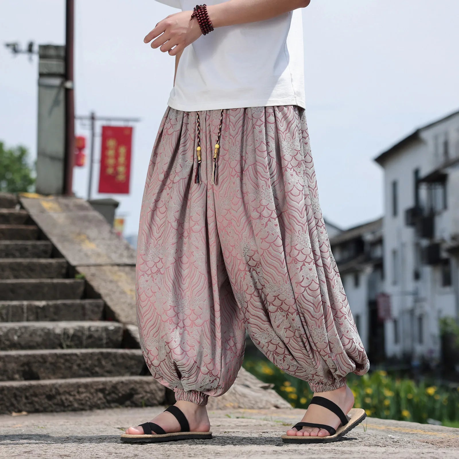 Geometric Chinese Pattern Wide-Leg Jogger Pants